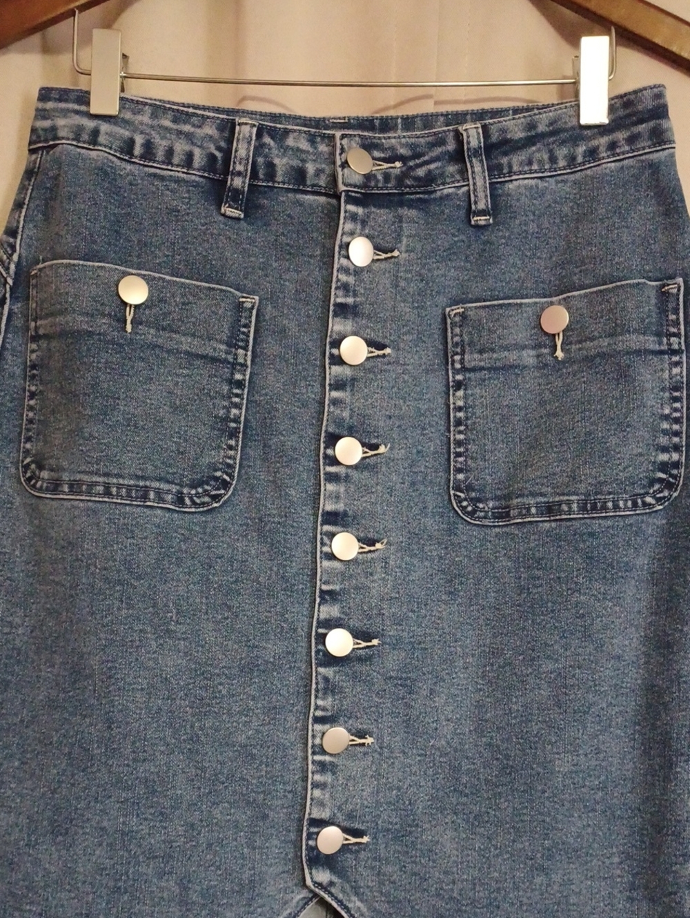 Flamingals Medium Wash Denim Button Front Split Hem Midi Skirt Pockets Stretch M - Picture 3 of 15